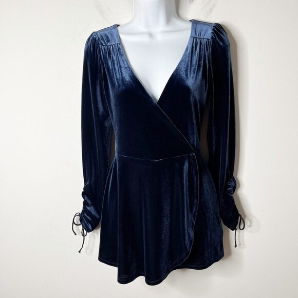 Urban Outfitters Women's Goldmine Velvet Romper XS Navy Blue Surplice Faux Wrap - Picture 2 of 9